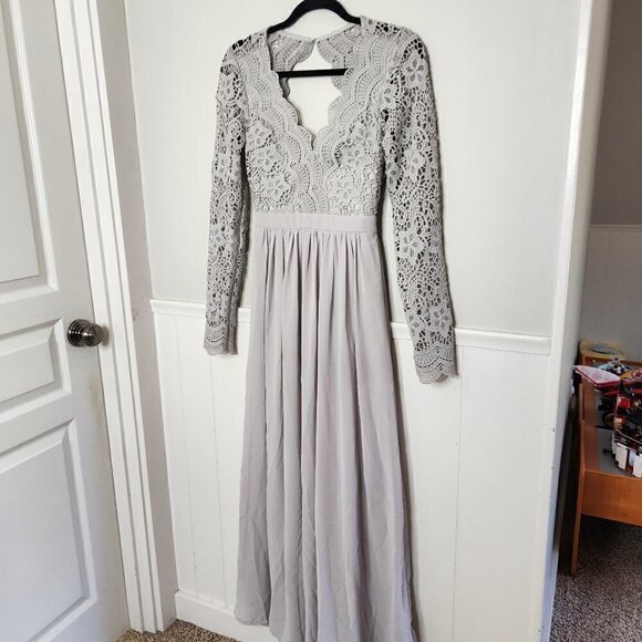 LULUS Awaken My Love Crochet Lace Chiffon Maxi Dress - Grey - Picture 2 of 8